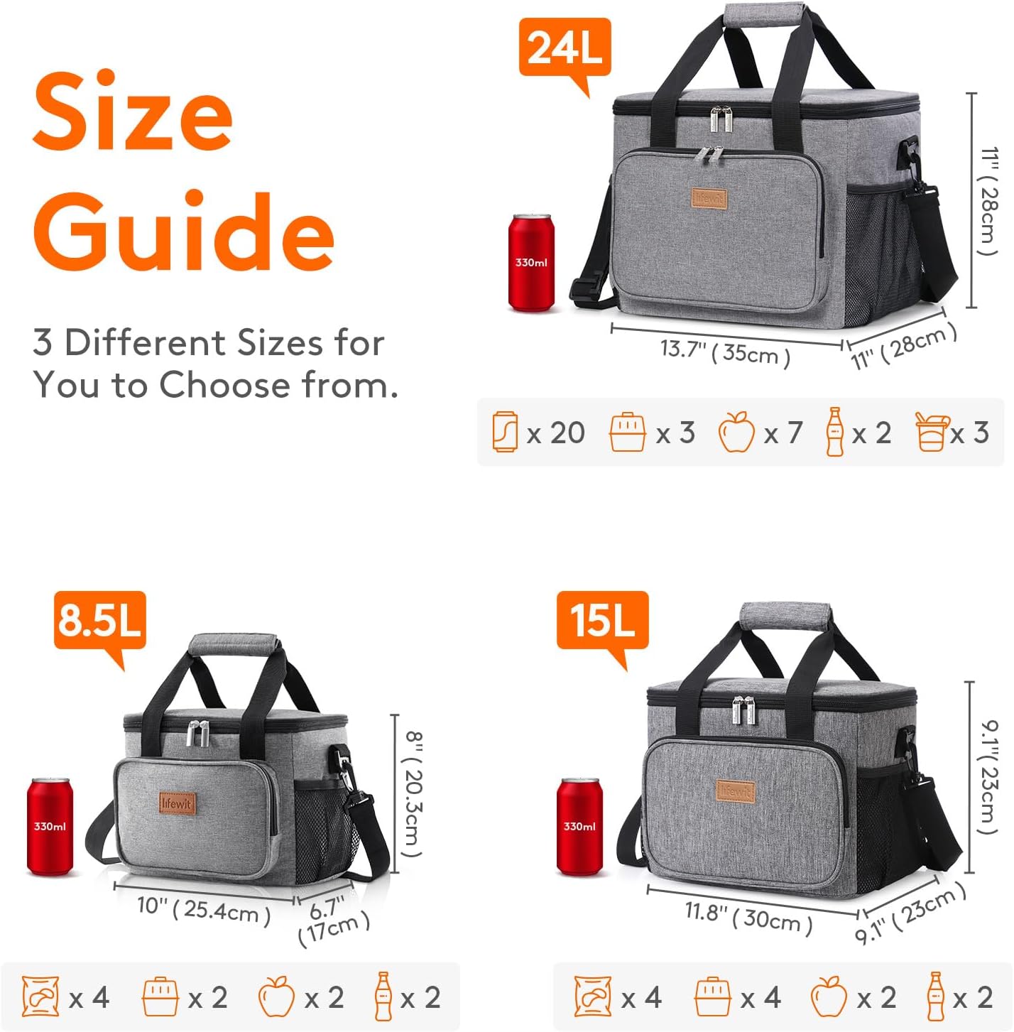 Lifewit 15L (24 Cans) Insulated Lunch Bag, Cooler Bag for Lunch/Work/School/Beach/Picnic (Grey)