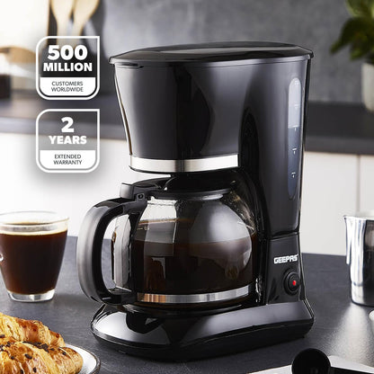 GEEPAS 1.5L Filter Coffee Machine | 800W Coffee Maker for Instant Coffee, Espresso, Macchiato & More | Boil-Dry Protection, Anti-Drip Function, Automatic Turn-Off Feature, Black