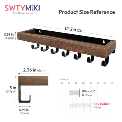 SWTYMIKI Key Holder with Wood Tray and 6 Hooks, Wall Mounted Key Racks, Key Hangers Home Decor Key Rack Mail Organizer for Hallway, Entryway, Bedroom, Mudroom, Office