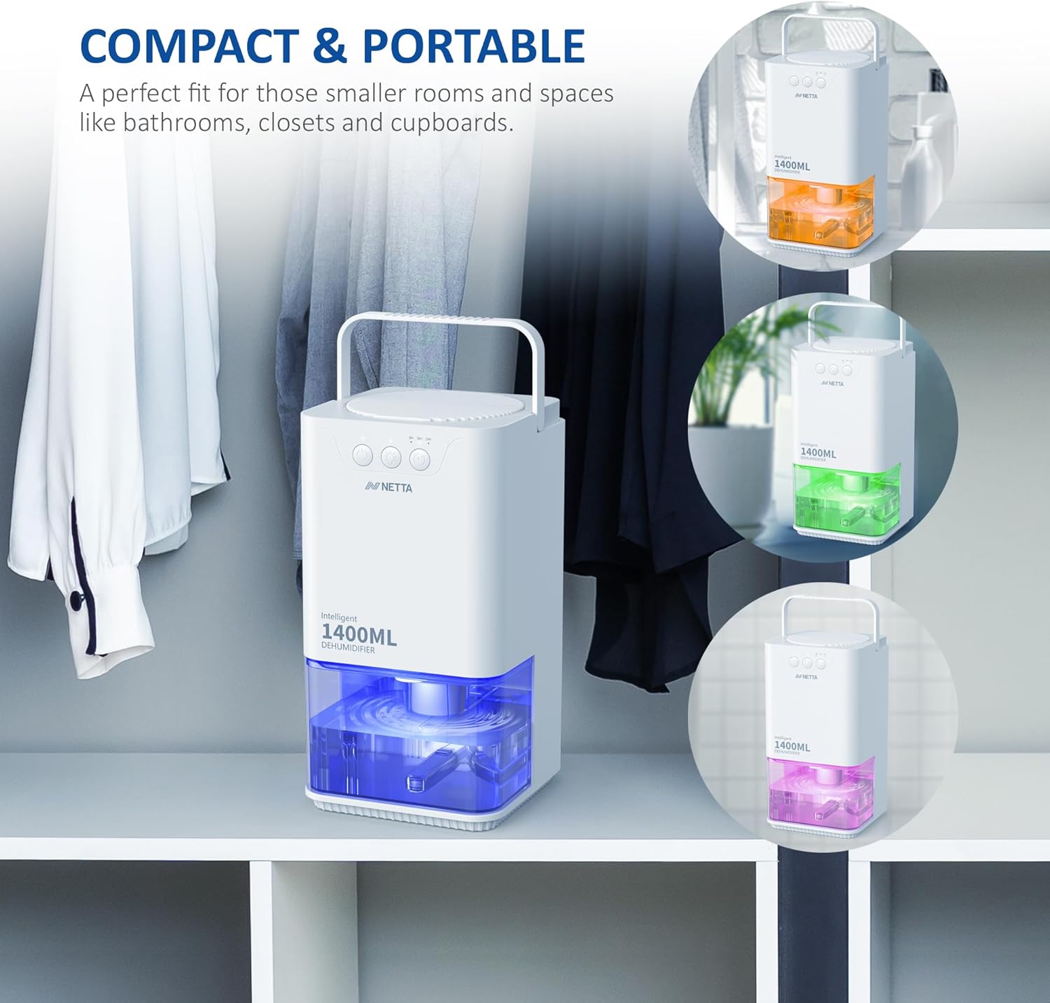 NETTA Dehumidifiers for Home Damp 1400ml Dehumidifier with Ultra Quiet & Auto Shut off 3 Colorful LED, 24Hr Timer Portable Mini Dehumidifier for Wardrobe Bathroom Closet - White