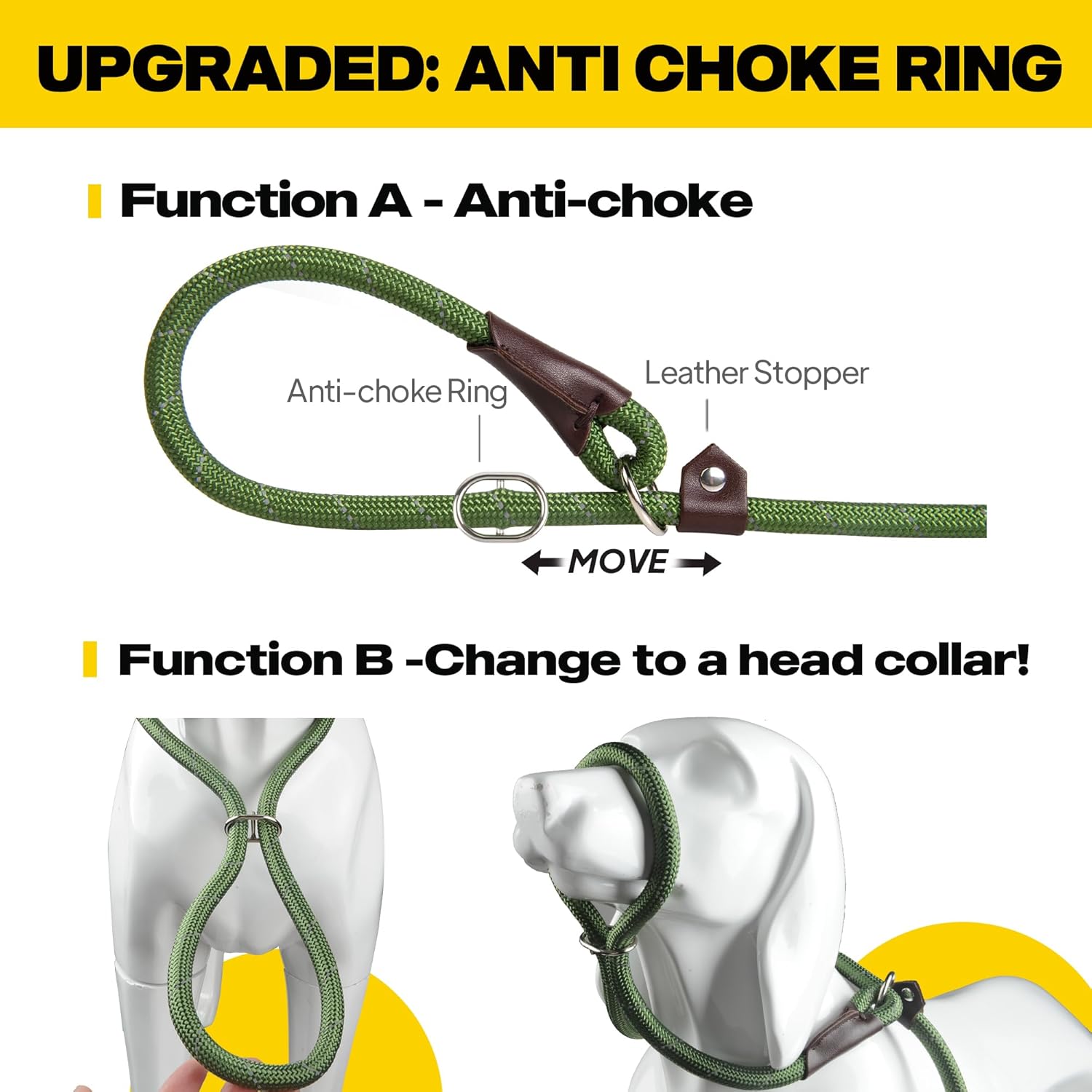 Fida Slip Rope Dog Lead | 1.8m, One-Size-Fits-All, Slip-On Rope Leash. Easy to Slip On, No Collar or Harness Needed. Durable & Weather Resistant Climbers Rope with Reflective Stitching (Green)