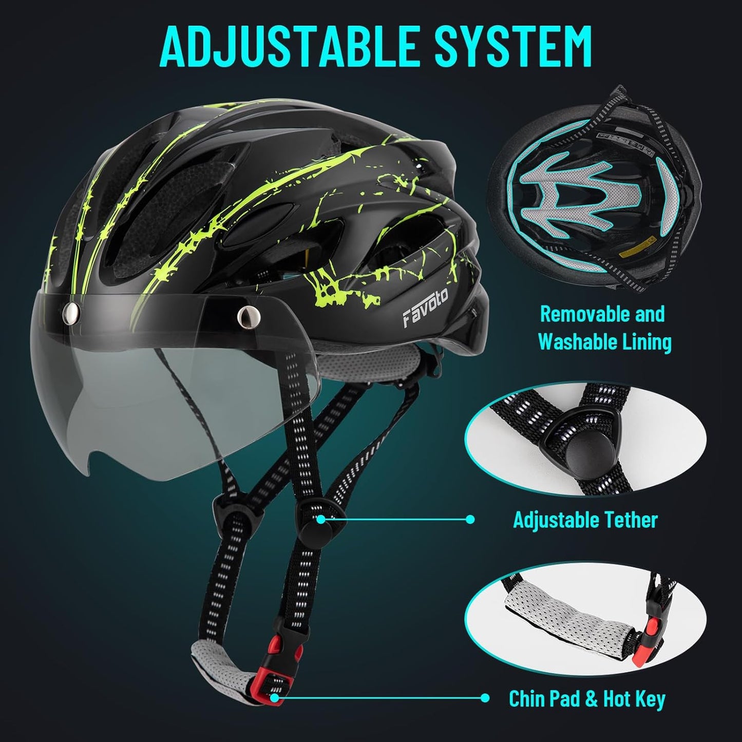 Favoto Bike Helmet with Light for Men & Women, Lightweight Bicycle Helmet with Magnetic Goggle, Rear LED Light, Removable Lining, Adjustable Size 59-61 cm, EPS In-Mould Technology
