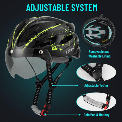 Favoto Bike Helmet with Light for Men & Women, Lightweight Bicycle Helmet with Magnetic Goggle, Rear LED Light, Removable Lining, Adjustable Size 59-61 cm, EPS In-Mould Technology