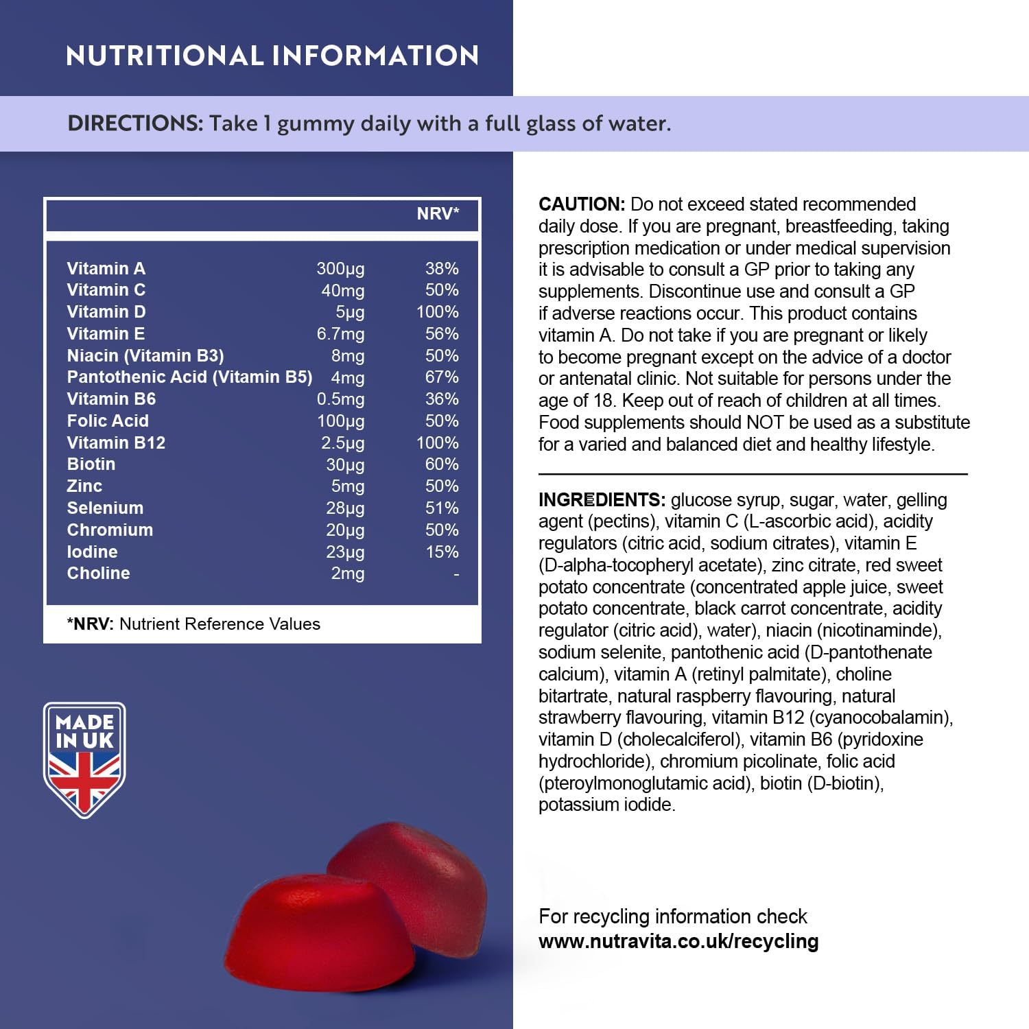 Multivitamin Gummies for Women & Men - 60 Vegan Gummies (2 Month Supply) - 14 Essential Vitamins & Minerals with Vitamin C A D B12 Biotin Zinc - Berry Flavour Chewable Adult Multi Vitamins - Nutravita