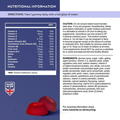 Multivitamin Gummies for Women & Men - 60 Vegan Gummies (2 Month Supply) - 14 Essential Vitamins & Minerals with Vitamin C A D B12 Biotin Zinc - Berry Flavour Chewable Adult Multi Vitamins - Nutravita