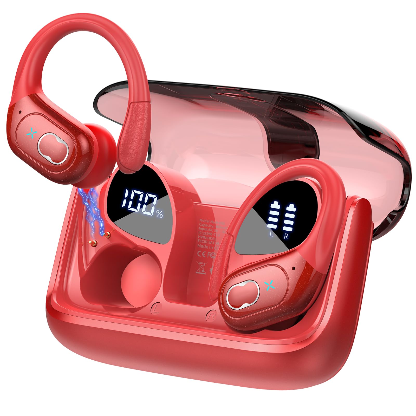 Wireless Earbuds, 75H Bluetooth 5.4 Headphones Sport with 4 ENC Noise Cancelling Mic, HiFi Stereo Wireless Earphones with Earhooks, IP7 Waterproof Ear Buds for Sport/Running/Gym, Black