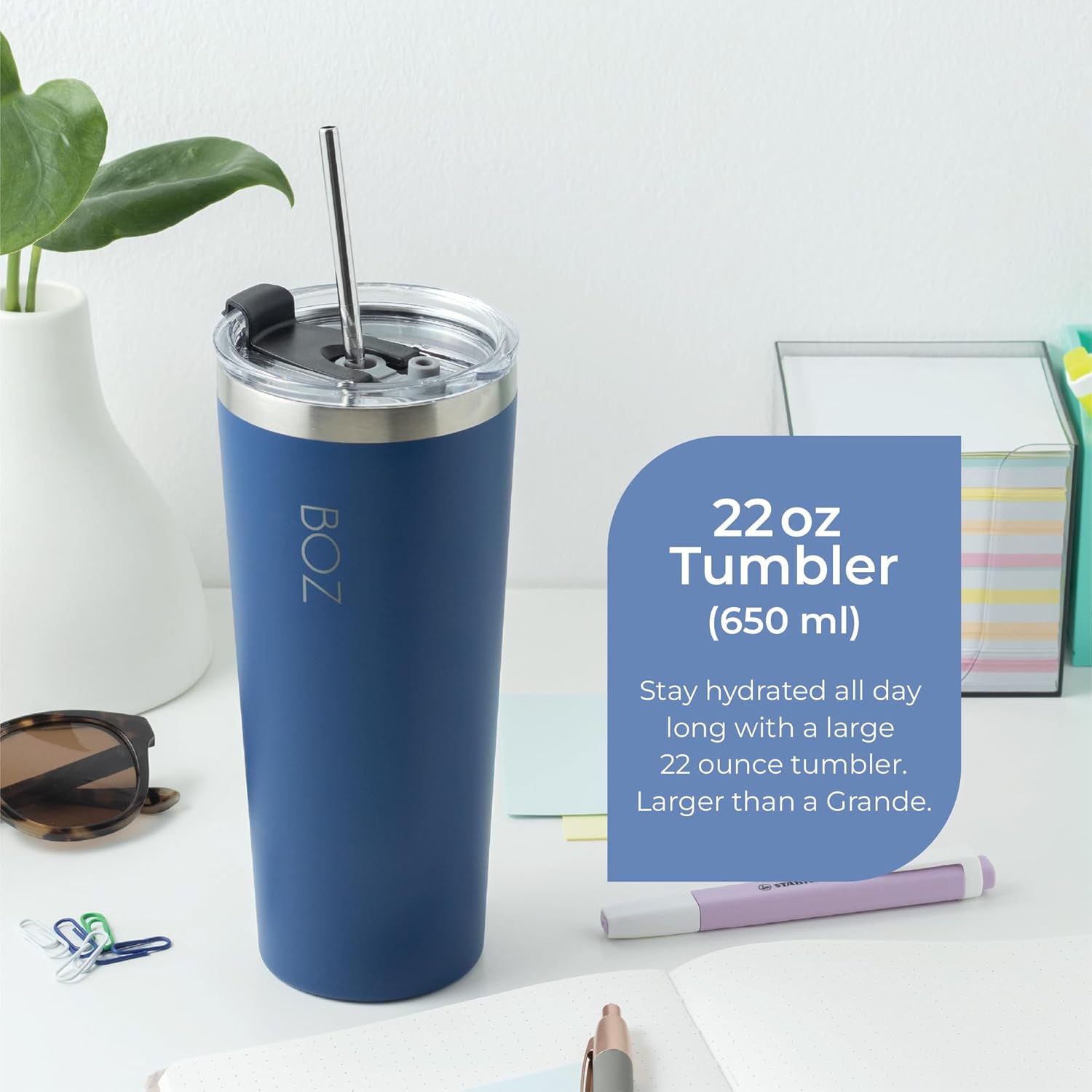 BOZ Insulated Tumbler Cup - Stainless Steel with Lid and Straw - Thermal Cup Perfect for Hot and Cold Drinks - BPA Free (650 ml / 22oz, Blue)