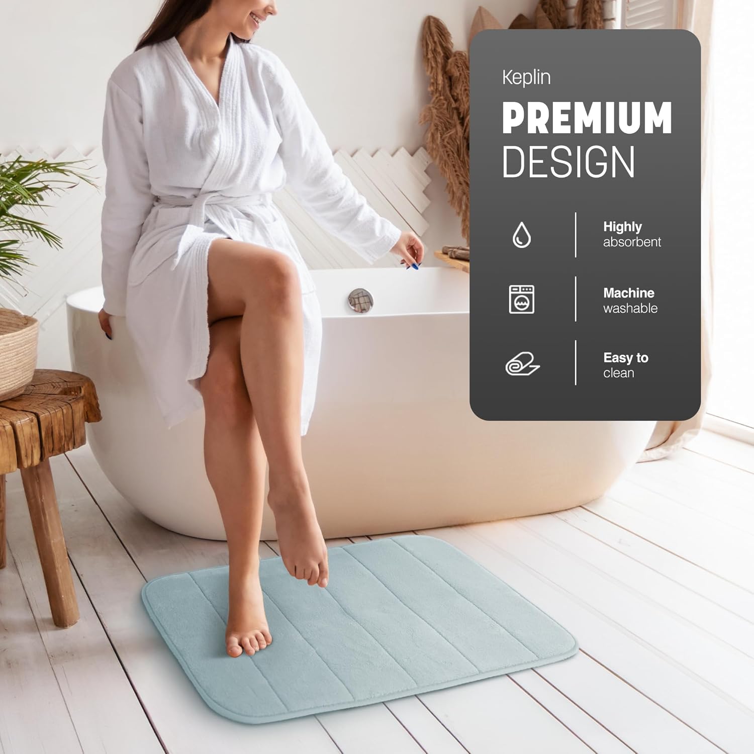KEPLIN Memory Foam Bath Mat - Ultra-Soft, Highly Absorbent, Non-Slip, Machine Washable - Luxurious Comfort for Home & Bathroom Floors (Light Blue, 40 x 60cm)