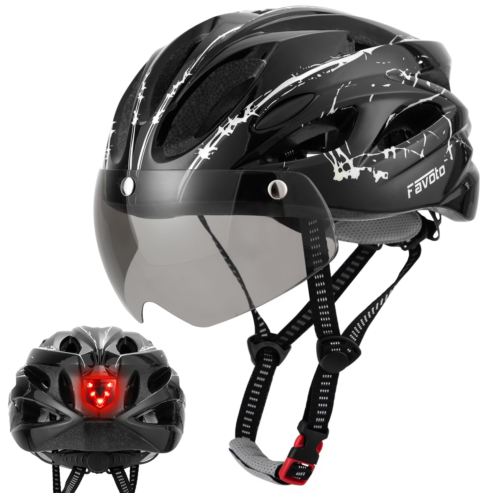 Favoto Bike Helmet with Light for Men & Women, Lightweight Bicycle Helmet with Magnetic Goggle, Rear LED Light, Removable Lining, Adjustable Size 59-61 cm, EPS In-Mould Technology
