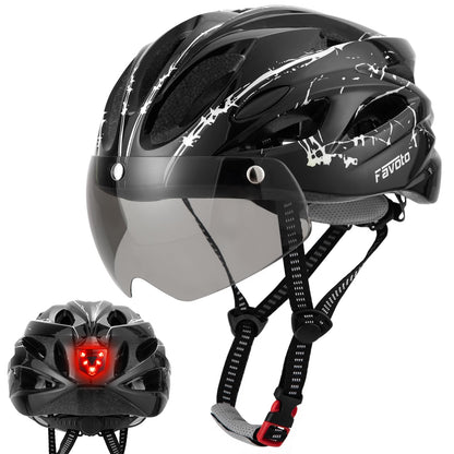 Favoto Bike Helmet with Light for Men & Women, Lightweight Bicycle Helmet with Magnetic Goggle, Rear LED Light, Removable Lining, Adjustable Size 59-61 cm, EPS In-Mould Technology