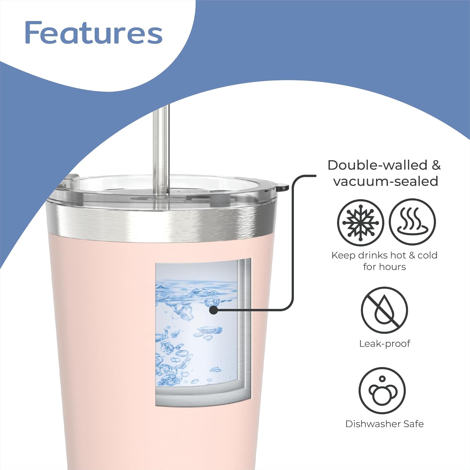 BOZ Tumbler - Tumbler with Lid and Straw - Insulated Tumbler Cup - Cups with Lid and Straw - Stainless Steel - Thermal Cup Perfect for Hot and Cold Drinks - BPA Free (650 ml / 22oz, Pink)