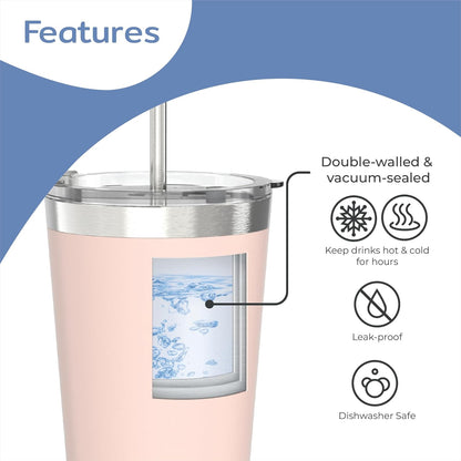 BOZ Tumbler - Tumbler with Lid and Straw - Insulated Tumbler Cup - Cups with Lid and Straw - Stainless Steel - Thermal Cup Perfect for Hot and Cold Drinks - BPA Free (650 ml / 22oz, Pink)