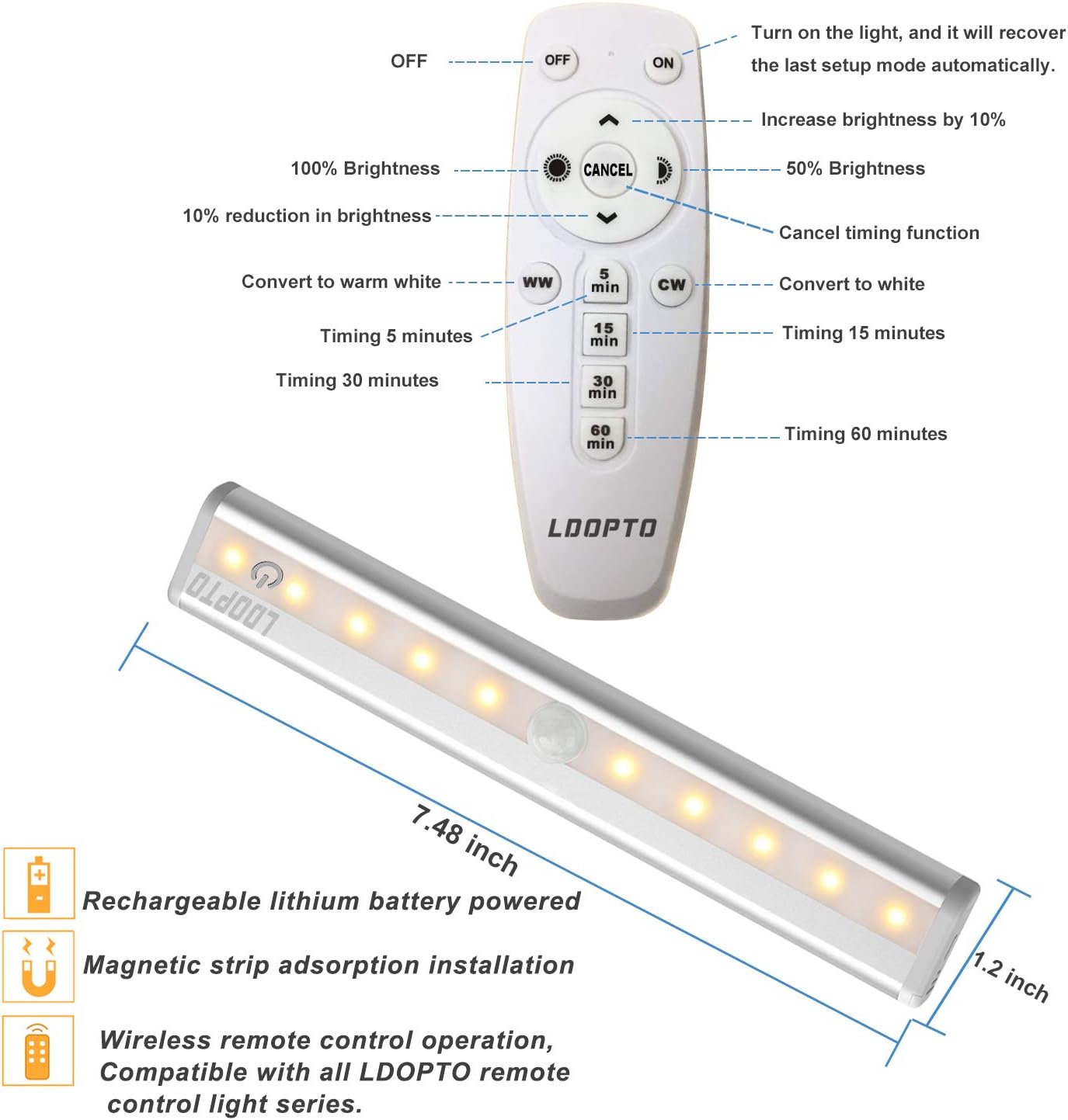 LDOPTO Under Cabinet Kitchen Lights with Remote Dimmable LED Cupboard Battery Powered LED Bedroom Lights with Timer for Kitchen Hallway, Multiple Colors 4 Pack