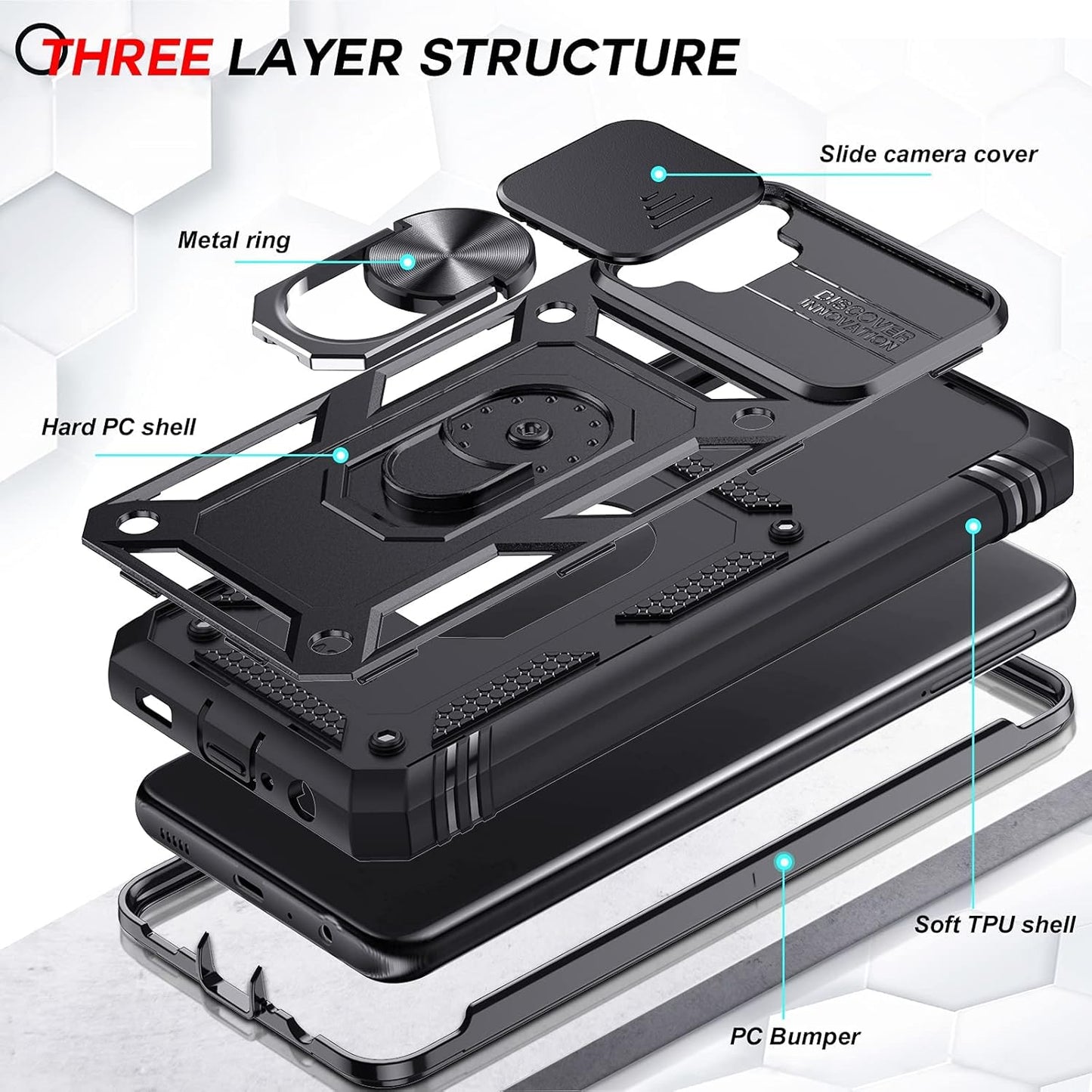 LeYi for Samsung Galaxy A32 5G Case with Slide Camera Cover and 2 Tempered Glass Screen Protector,Ring Holder Full Body Protective Heavy Duty Shockproof Silicone Tough Hard Armour Phone Cover, Black