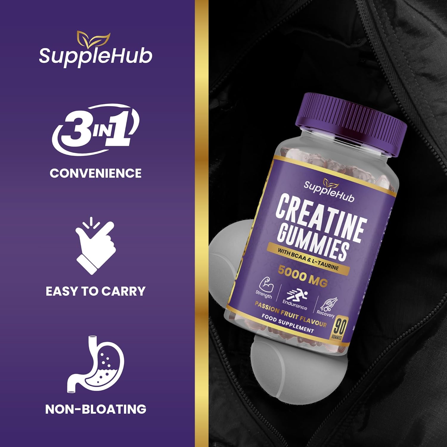 Creatine Gummies 5000mg - Creatine Monohydrate with BCAA & L-Taurine (90 Gummies), Vegan, Sugar Free, Gym Supplement, PassionFruit Flavour