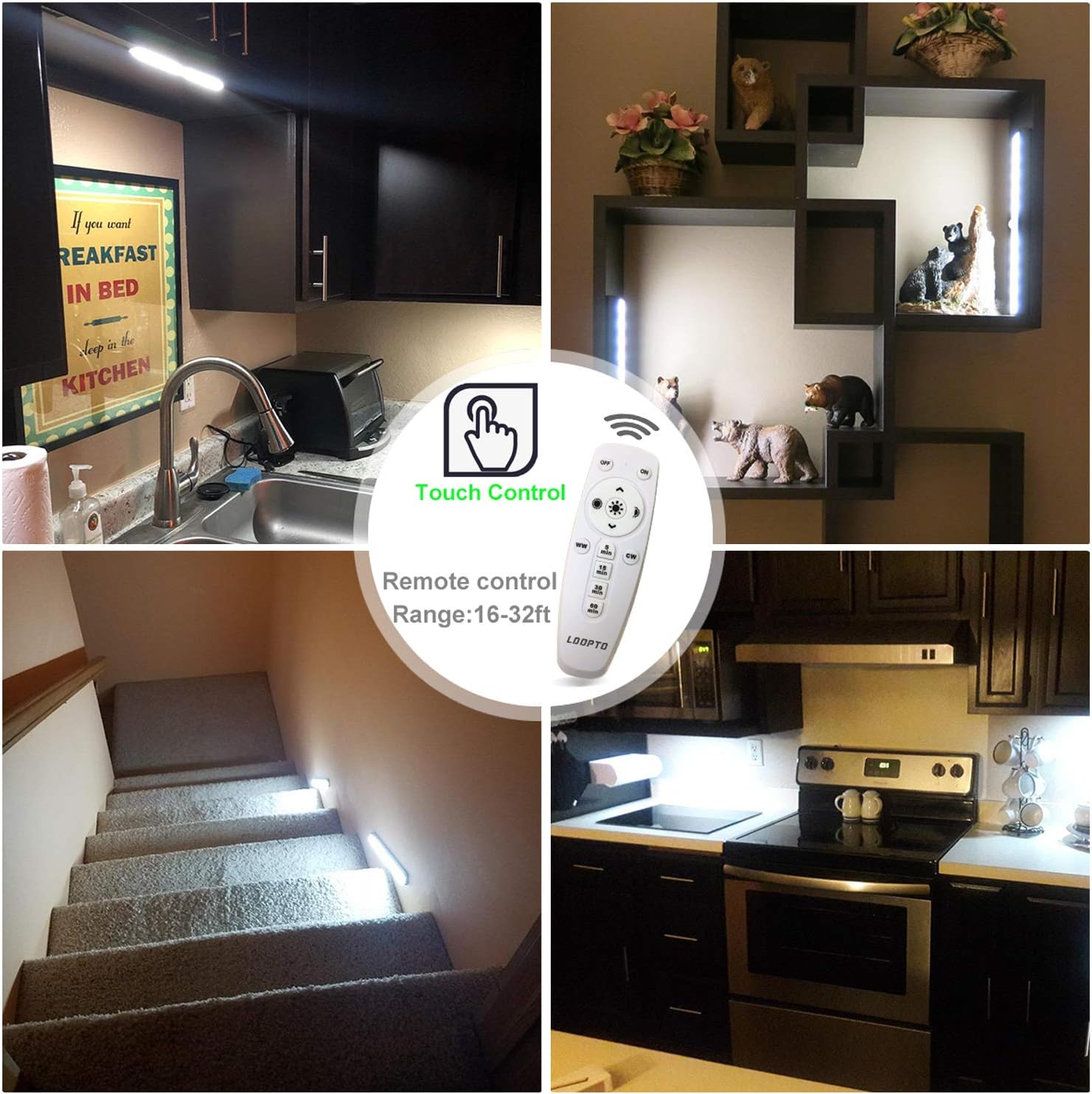 LDOPTO Under Cabinet Kitchen Lights with Remote Dimmable LED Cupboard Battery Powered LED Bedroom Lights with Timer for Kitchen Hallway, Multiple Colors 4 Pack