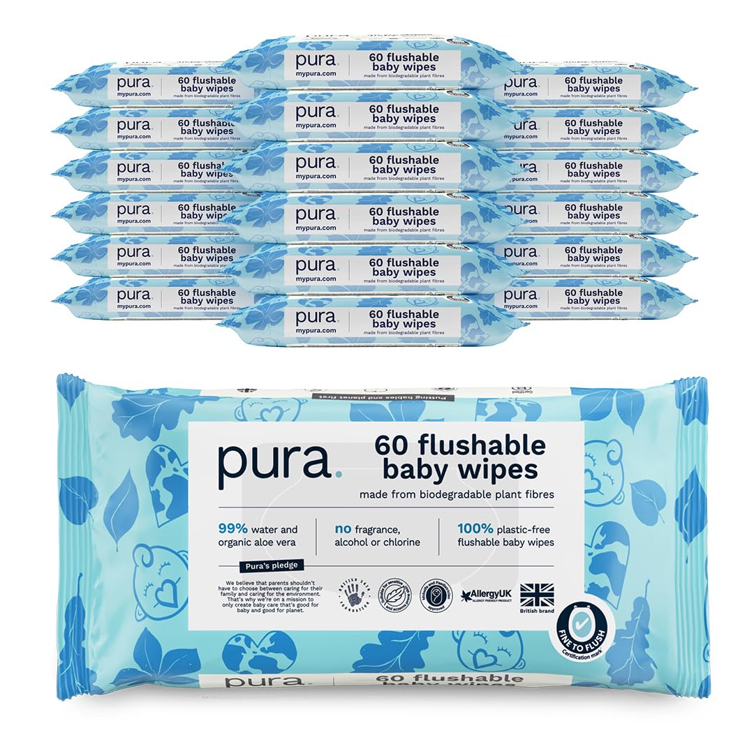 Pura Eco Flushable Baby Wipes - 1 Pack (60 Wipes) 100% Plastic Free, 99% Water, Suitable for Sensitive, Eczema Prone Skin, Newborn Baby & Toddlers, Biodegradable, Vegan, Potty Training