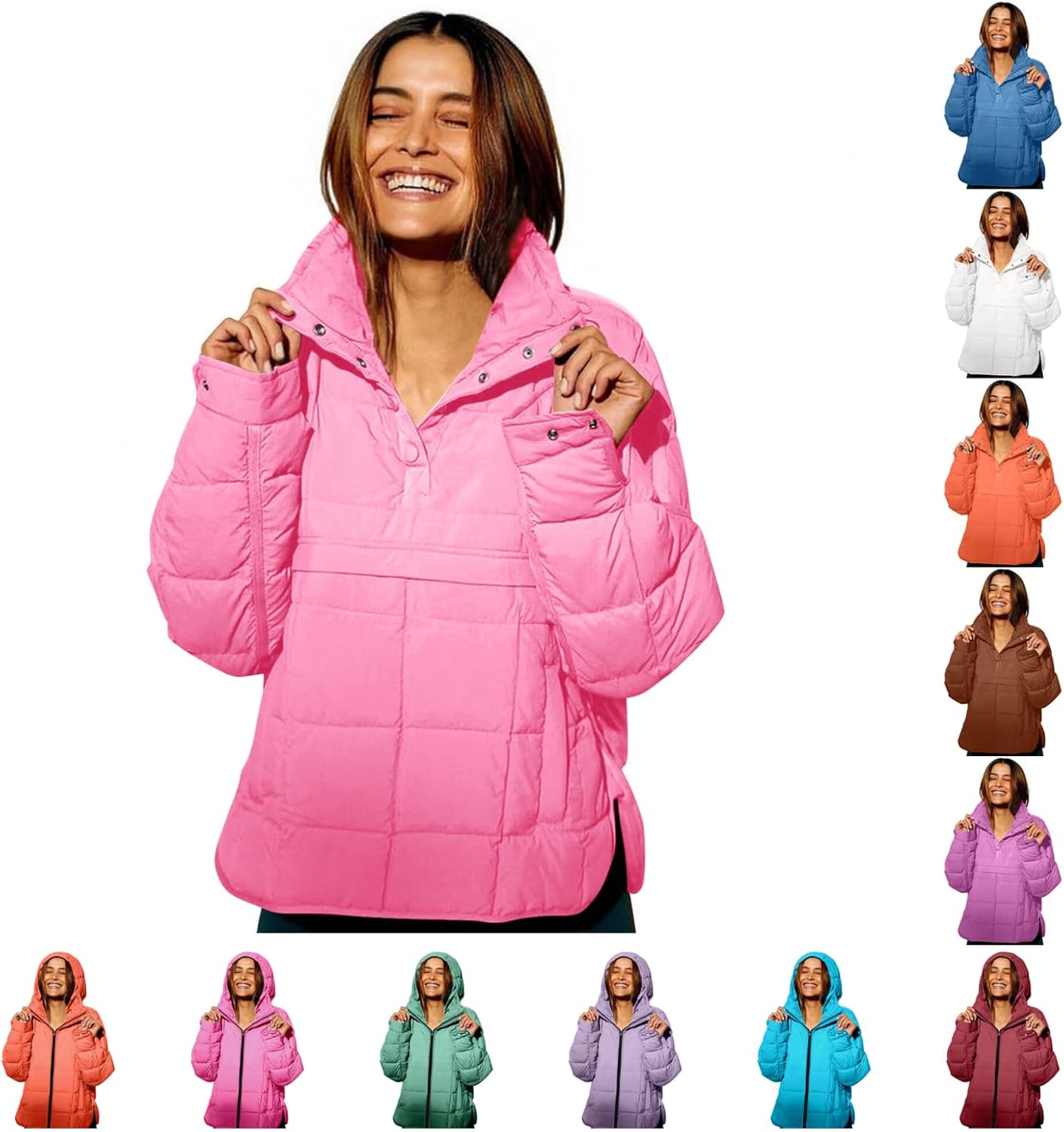 Womens Puffer Pullover Jacket Lightweight Quilted Dolman Hoodies Jackets Quarter Button Full Zip Casual Padded Coats Autumn and Winter Warm Baggy Comfort Outerwear for Hiking Traveling