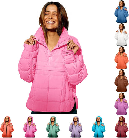 Womens Puffer Pullover Jacket Lightweight Quilted Dolman Hoodies Jackets Quarter Button Full Zip Casual Padded Coats Autumn and Winter Warm Baggy Comfort Outerwear for Hiking Traveling