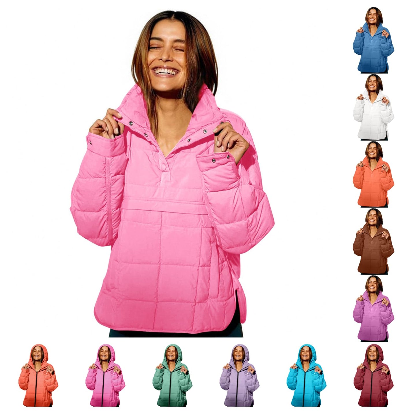 Womens Puffer Pullover Jacket Lightweight Quilted Dolman Hoodies Jackets Quarter Button Full Zip Casual Padded Coats Autumn and Winter Warm Baggy Comfort Outerwear for Hiking Traveling