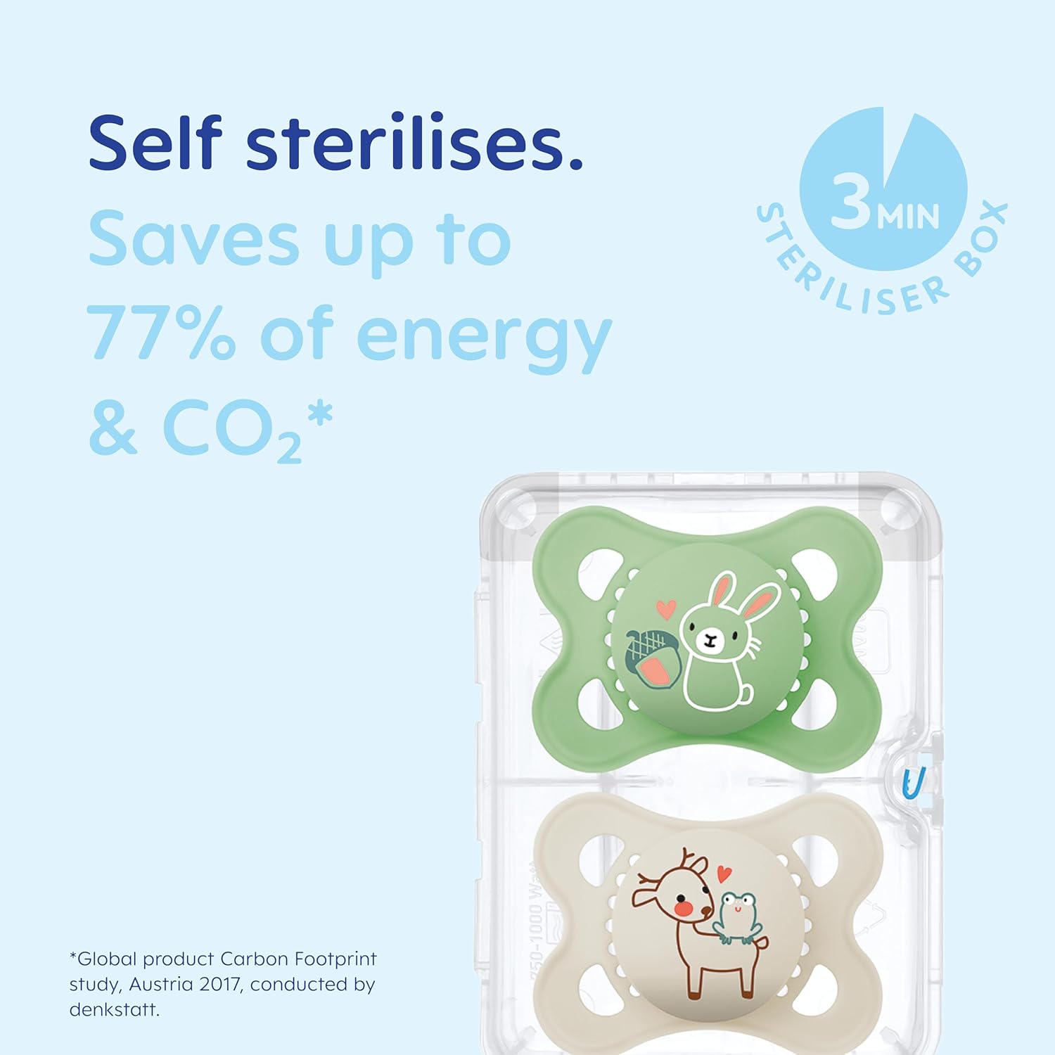 MAM Original Soothers | 0-6 Months | 2 Pack | Comes in Dummy Steriliser Case | Sustainable Materials | Baby Accessories for Newborn | Blue/Cream (Various Designs)