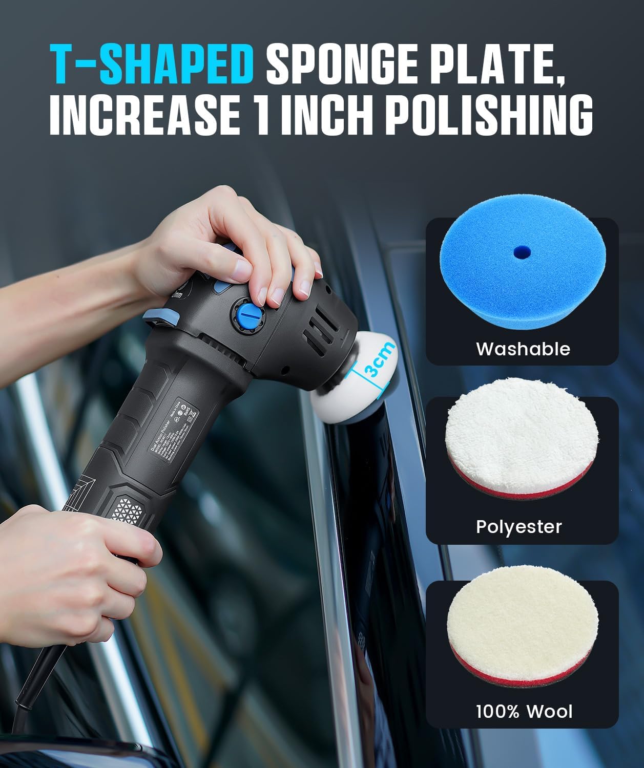 Mini Polisher, 2inch/ 3inch 750W Car Polishers and Buffers with 12mm Random Orbital-Improve Work Efficiency by 35%, 16pcs Trapezoidal Polisher Pads,16.4 ft Cord, DA Polisher for Car Polishing