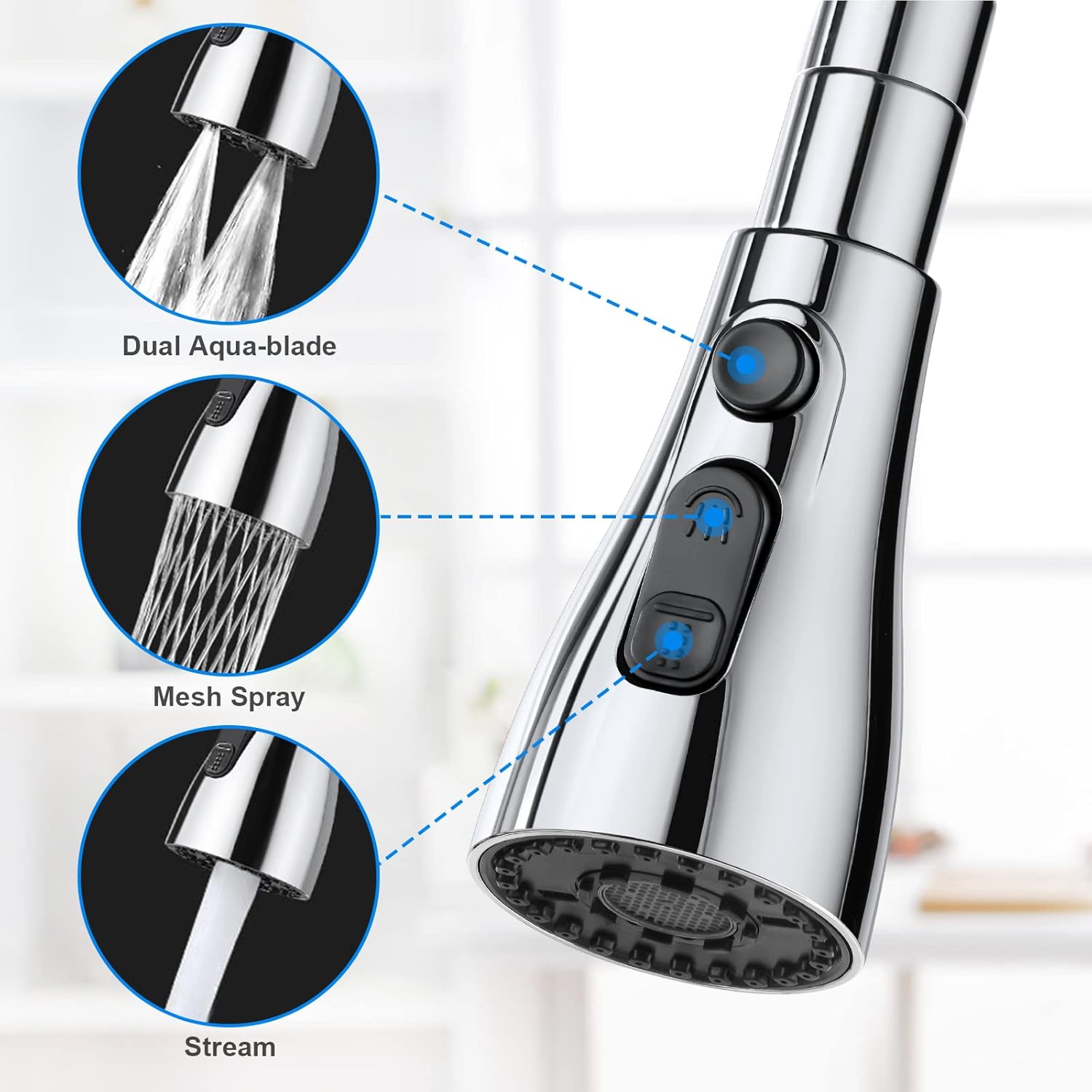 OSDUE Kitchen Tap Spray Head, 360° Swivel Spout, FM22 M24 Kitchen Sink Tap, Tap Faucet Attachment Spray with 3 Modes, Replacement Tap Bubbler Head Aerator,Tap Adapter Accessories,G1/2