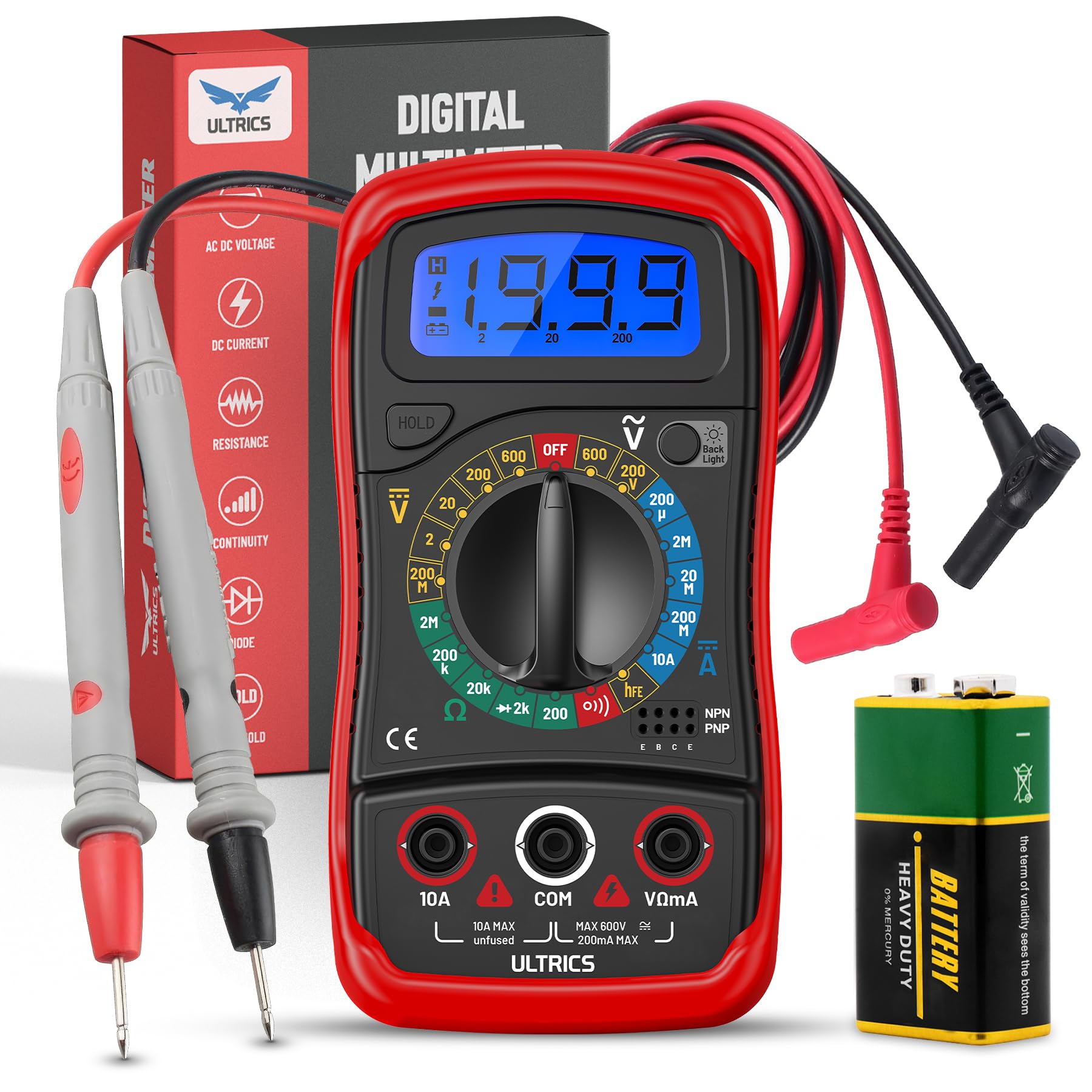 ULTRICS Digital Multimeter, Voltmeter Ammeter Ohmmeter Circuit Checker with Backlight LCD Test Leads, Portable Multi Tester Measures OHM AC DC Voltage Current Resistance Continuity Diodes Transistor