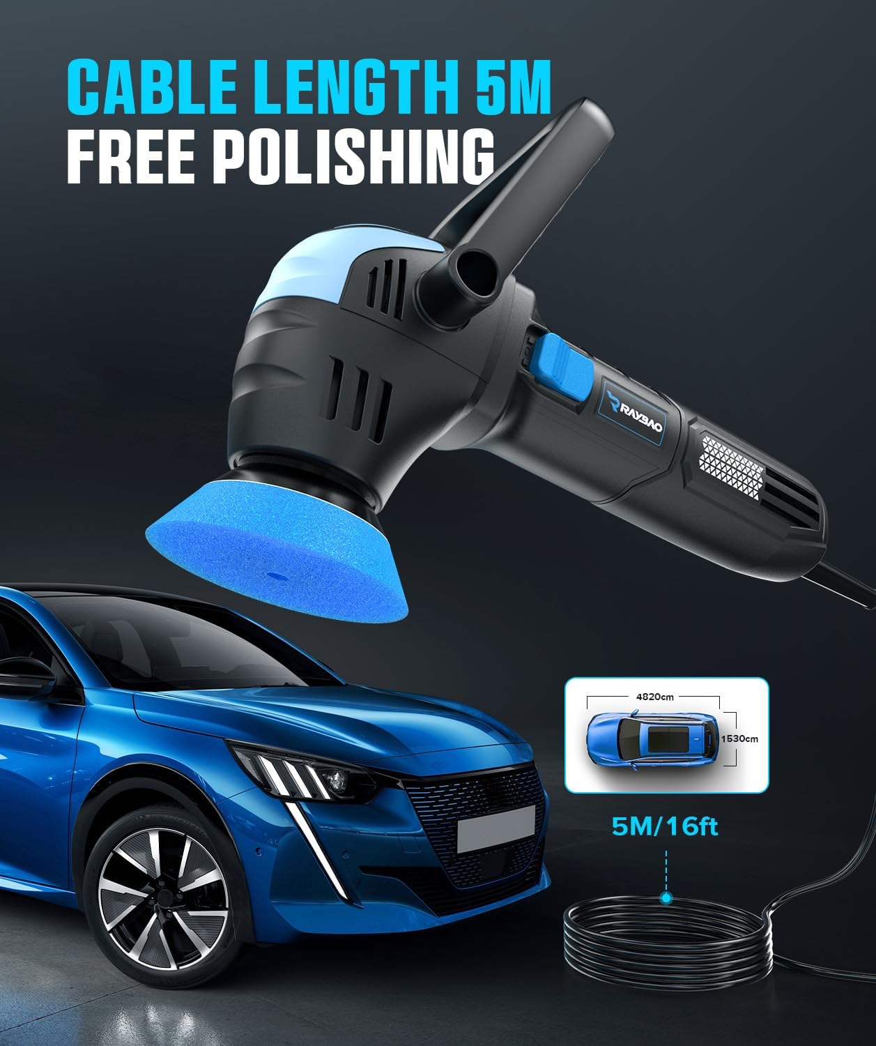 Mini Polisher, 2inch/ 3inch 750W Car Polishers and Buffers with 12mm Random Orbital-Improve Work Efficiency by 35%, 16pcs Trapezoidal Polisher Pads,16.4 ft Cord, DA Polisher for Car Polishing