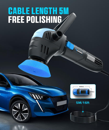 Mini Polisher, 2inch/ 3inch 750W Car Polishers and Buffers with 12mm Random Orbital-Improve Work Efficiency by 35%, 16pcs Trapezoidal Polisher Pads,16.4 ft Cord, DA Polisher for Car Polishing