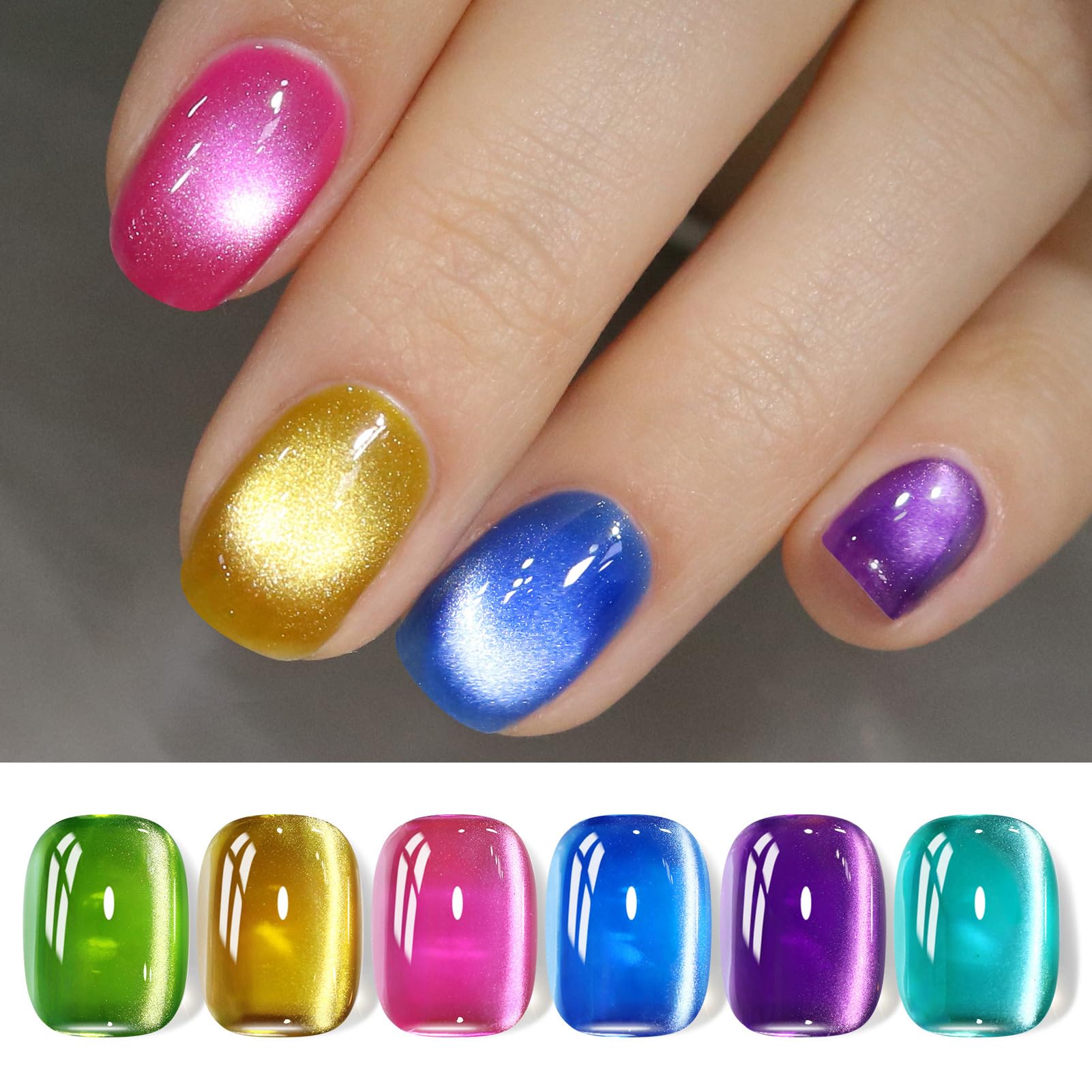 BORN PRETTY 6 Colors Jelly Nude Pink Cat Magnetic Eye Gel Polish Set with Magnet, Soak-Off U V/LED Iridescent Cat Gel for Nail Art Salon DIY Home