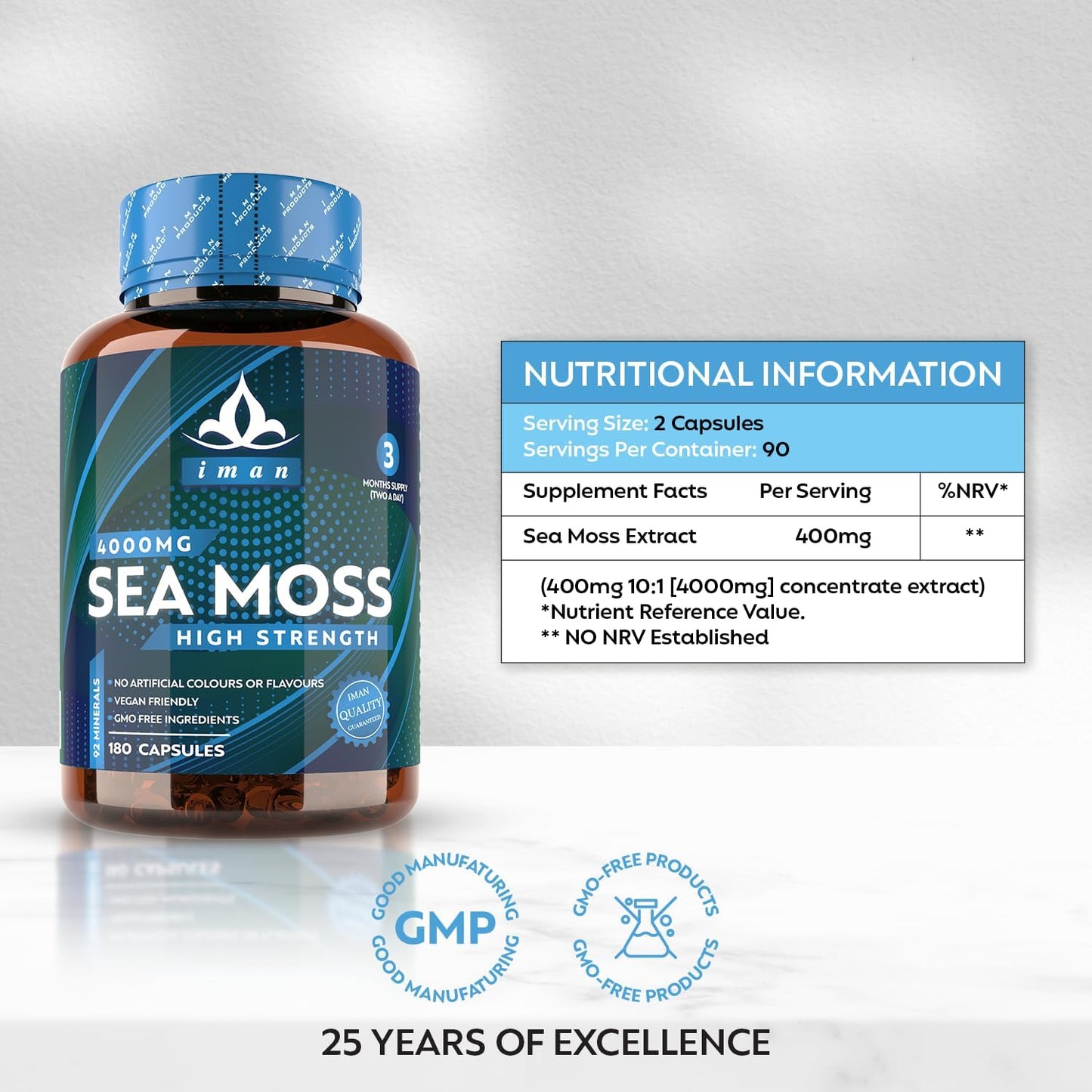 High Strength Sea Moss 4000mg Capsules (180 Count) - Natural Source of Iodine - Wild Harvested - Vegan Friendly (3 Months Supply) - GMO Free, Gluten-Free, Made in The UK