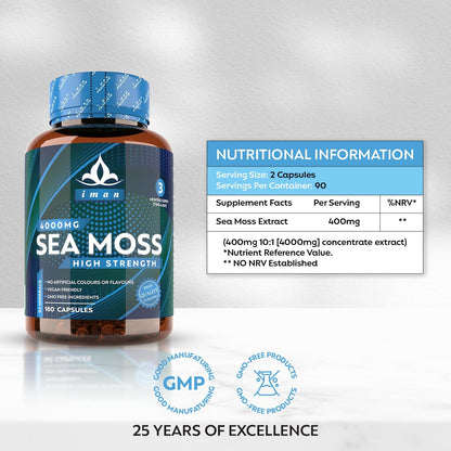 High Strength Sea Moss 4000mg Capsules (180 Count) - Natural Source of Iodine - Wild Harvested - Vegan Friendly (3 Months Supply) - GMO Free, Gluten-Free, Made in The UK