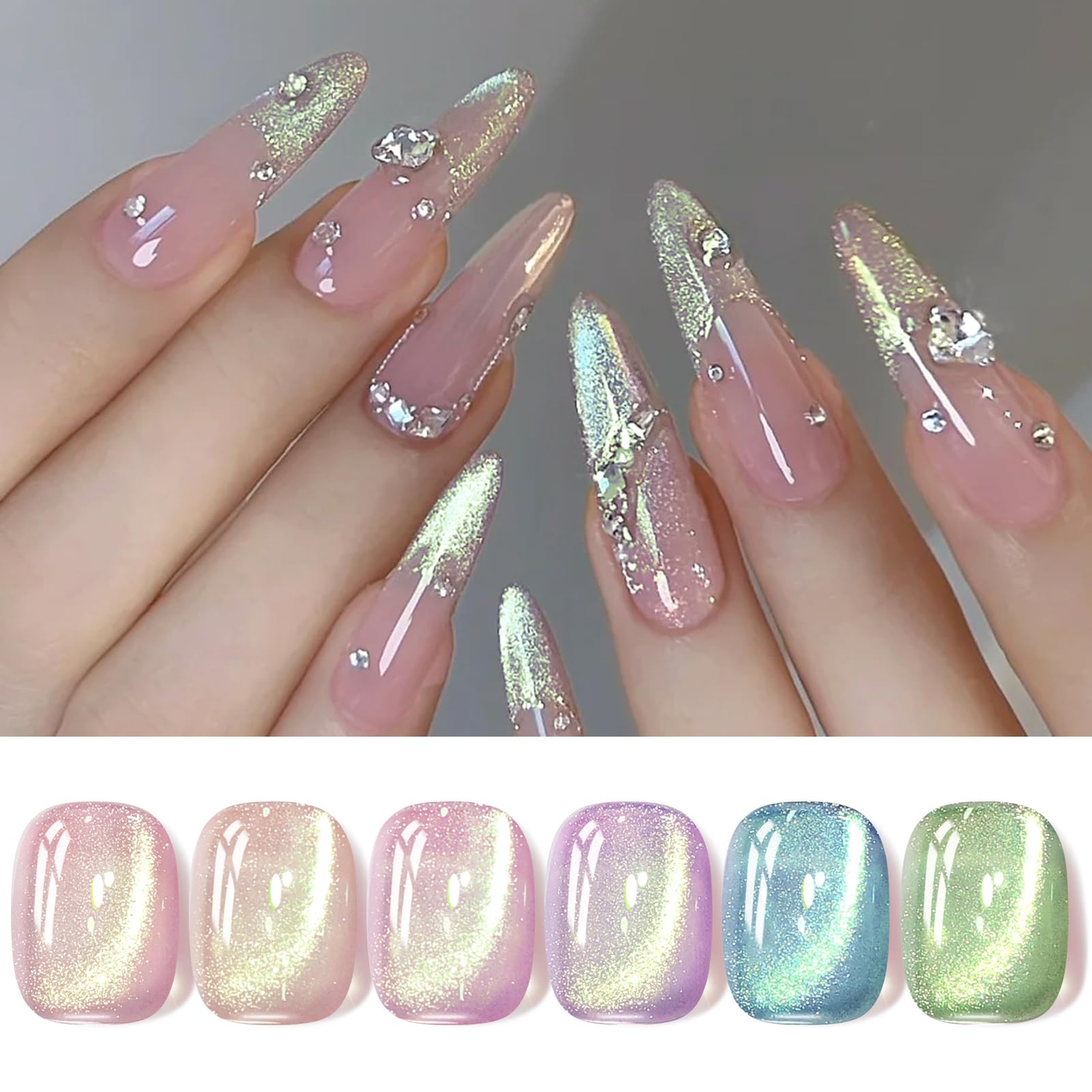 BORN PRETTY 6 Colors Jelly Nude Pink Cat Magnetic Eye Gel Polish Set with Magnet, Soak-Off U V/LED Iridescent Cat Gel for Nail Art Salon DIY Home