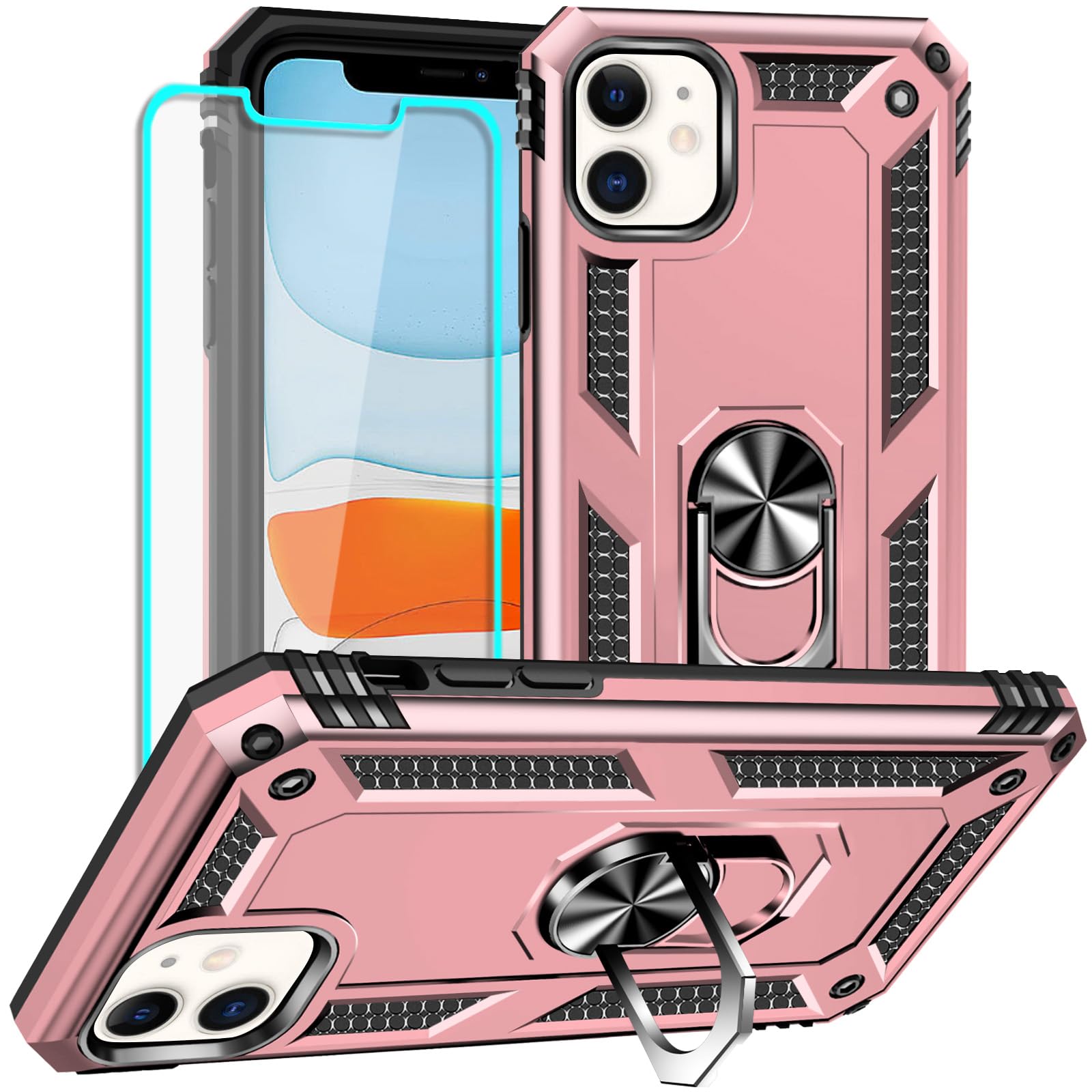 Yiakeng iPhone 11 Phone Case, iPhone 11 Case With Screen Protector, Silicone Shockproof Military Grade Protective Phone Cover with Ring Kickstand for iPhone 11 (Black)