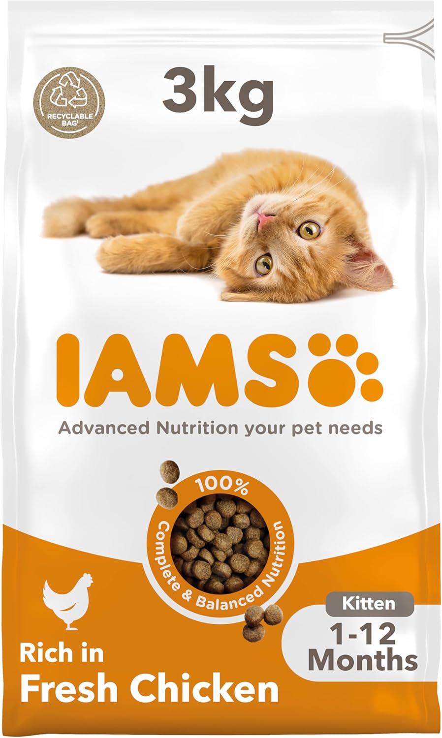 IAMS for Vitality Dry Kitten Food with Fresh Chicken, 3 kg, Packaging may vary