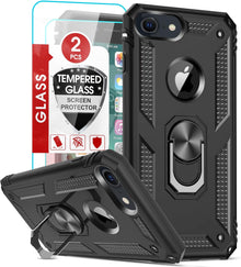 LeYi for iPhone SE 3 2022 Case,iPhone SE 2020 Case, iPhone 8/7 Case,iPhone 6/6S Case and 2 Tempered Glass Screen Protector,Ring Holder Shockproof Tough Protective Silicone TPU Armour Phone Cover Black