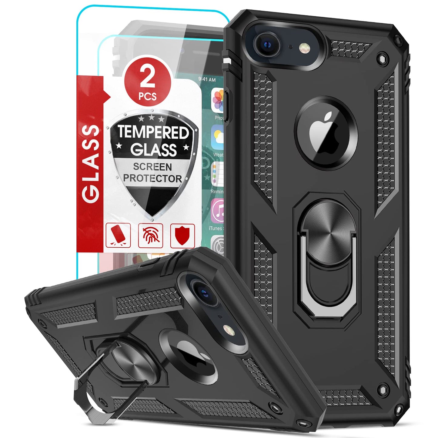 LeYi for iPhone SE 3 2022 Case,iPhone SE 2020 Case, iPhone 8/7 Case,iPhone 6/6S Case and 2 Tempered Glass Screen Protector,Ring Holder Shockproof Tough Protective Silicone TPU Armour Phone Cover Black