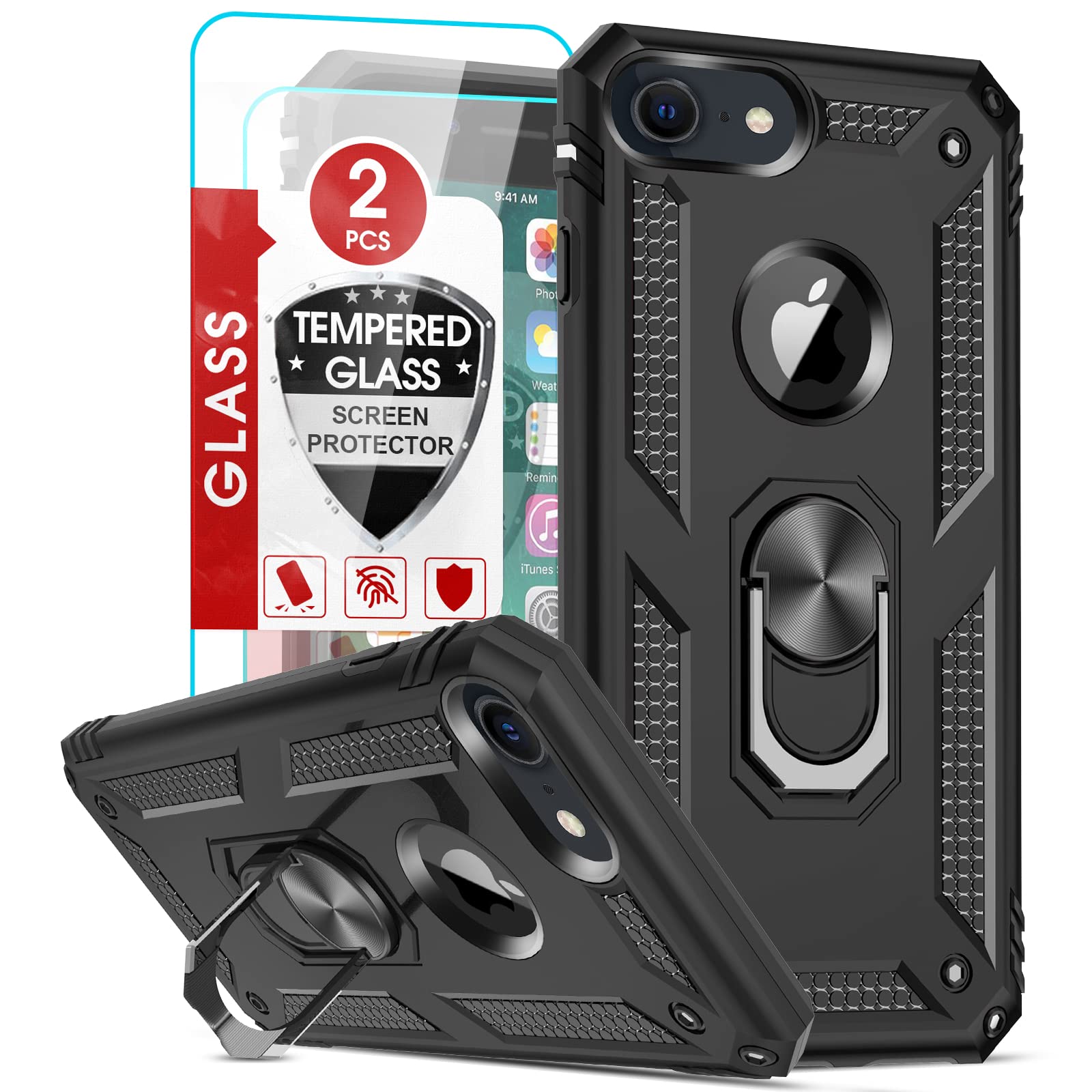 LeYi for iPhone SE 3 2022 Case,iPhone SE 2020 Case, iPhone 8/7 Case,iPhone 6/6S Case and 2 Tempered Glass Screen Protector,Ring Holder Shockproof Tough Protective Silicone TPU Armour Phone Cover Black
