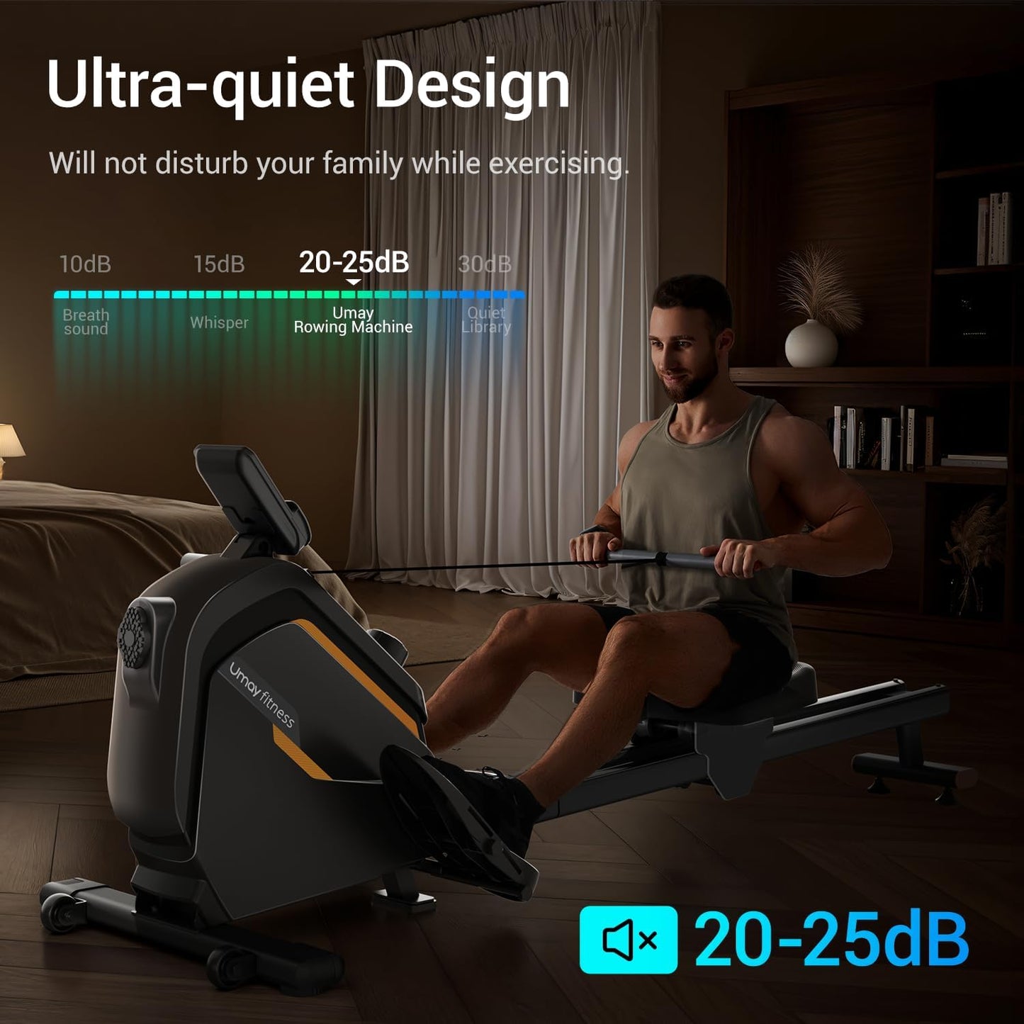 UMAY Rowing Machine, Rowing Machines for Home Gym with Extended Double Rails, Rower Machine with 16 Levels of Quiet Resistance, 158 kg Weight Capacity