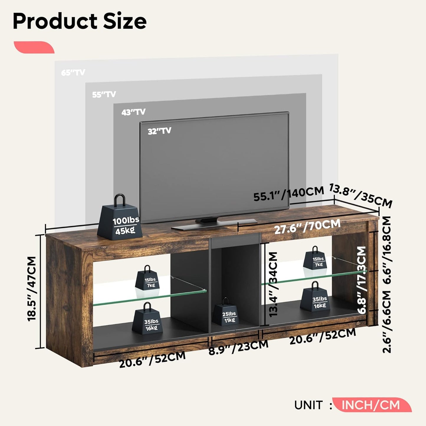 Bestier TV Stand Cabinet 140CM Entertainment Center Led Tv Stand Modern TV Unit with Glass Shelf RGB LED Lighted for 65 inch TVs with Ambient Lights for Living Room Bedroom (Rustic Brown)