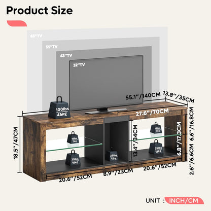 Bestier TV Stand Cabinet 140CM Entertainment Center Led Tv Stand Modern TV Unit with Glass Shelf RGB LED Lighted for 65 inch TVs with Ambient Lights for Living Room Bedroom (Rustic Brown)