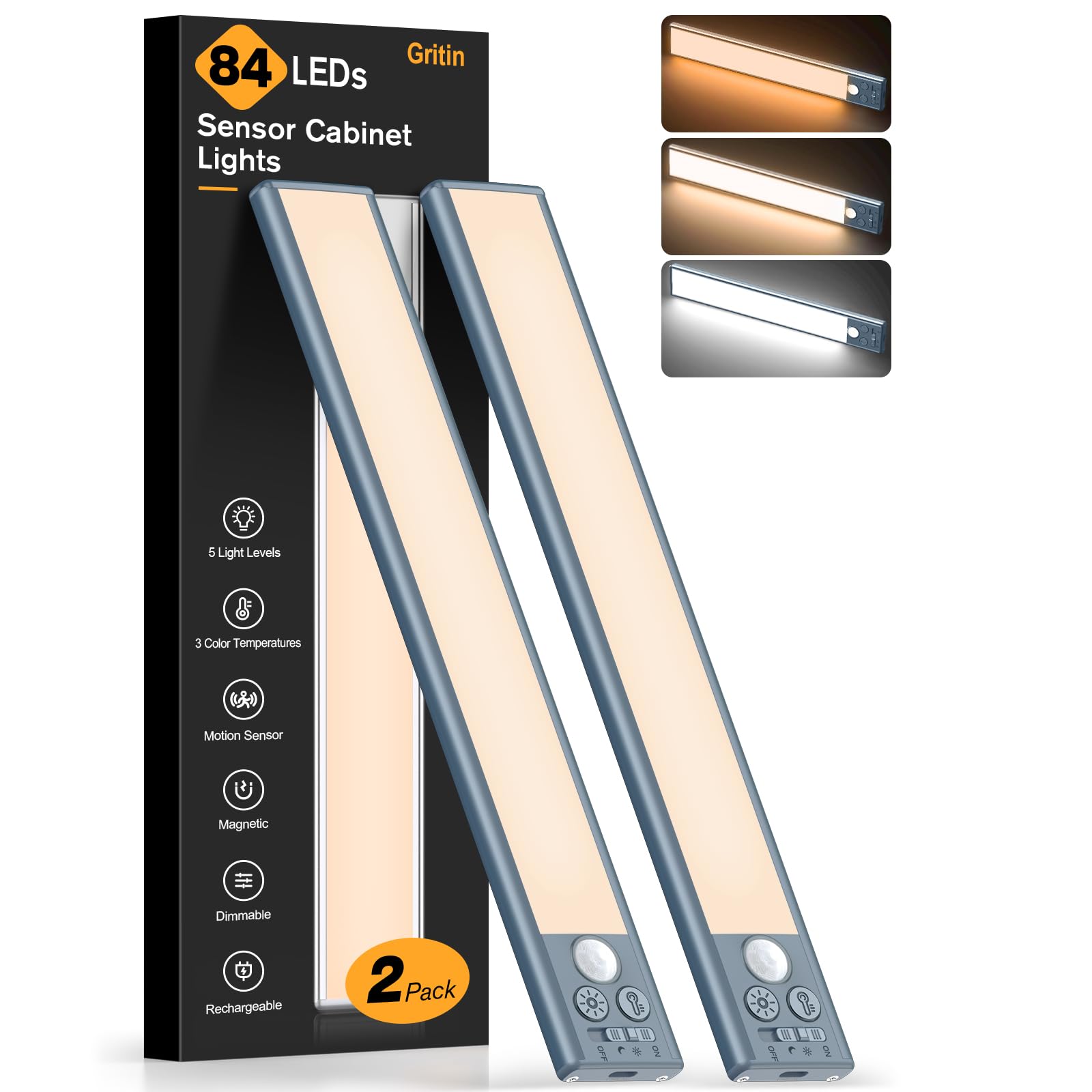 Gritin Under Cabinet Kitchen Lights-84 LED Super Bright,3-Color&5-Brightness,4 Modes,Motion Sensor,Rechargeable 1800mAh Long Lasting-Easy Installation Strong Magnetic Under Closet Light-2 Pack