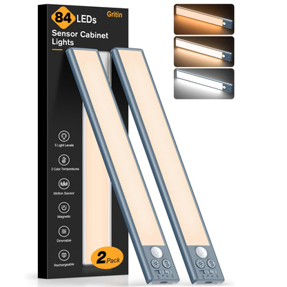 Gritin Under Cabinet Kitchen Lights-84 LED Super Bright,3-Color&5-Brightness,4 Modes,Motion Sensor,Rechargeable 1800mAh Long Lasting-Easy Installation Strong Magnetic Under Closet Light-2 Pack