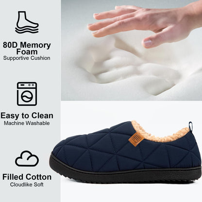 FamilyFairy Men's Warm Quilted Memory Foam Slippers Non-Slip House Shoes with Elastic Gores for Indoor Outdoor