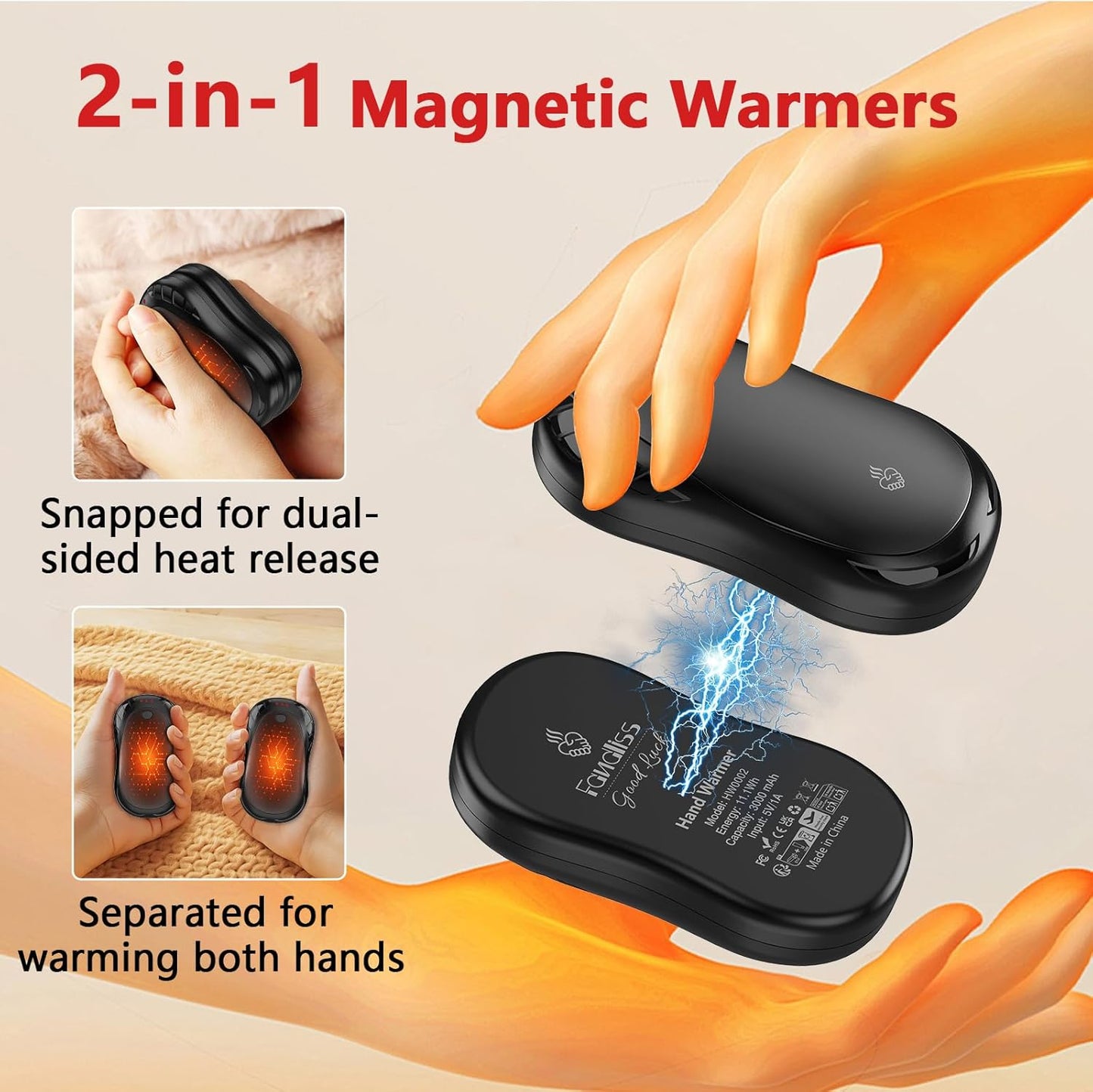 Hand Warmers Rechargeable 2 Pack FANDLISS 6000mAh Portable Reusable Hand Warmer,USB Rechargeable Hand Warmer 3 Heat Levels Up To 55°C For Raynauds,Outdoor,Camping,Women Mens Gifts