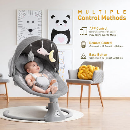 Baby Swing Chair: Baby Bouncer from Birth with Bluetooth Remote Control | Cordless 5-Speed Levels 12 Lullabies & 3 Timers | 3 Adjustable Angles & Electric Rocking Chair for Newborn | Gray