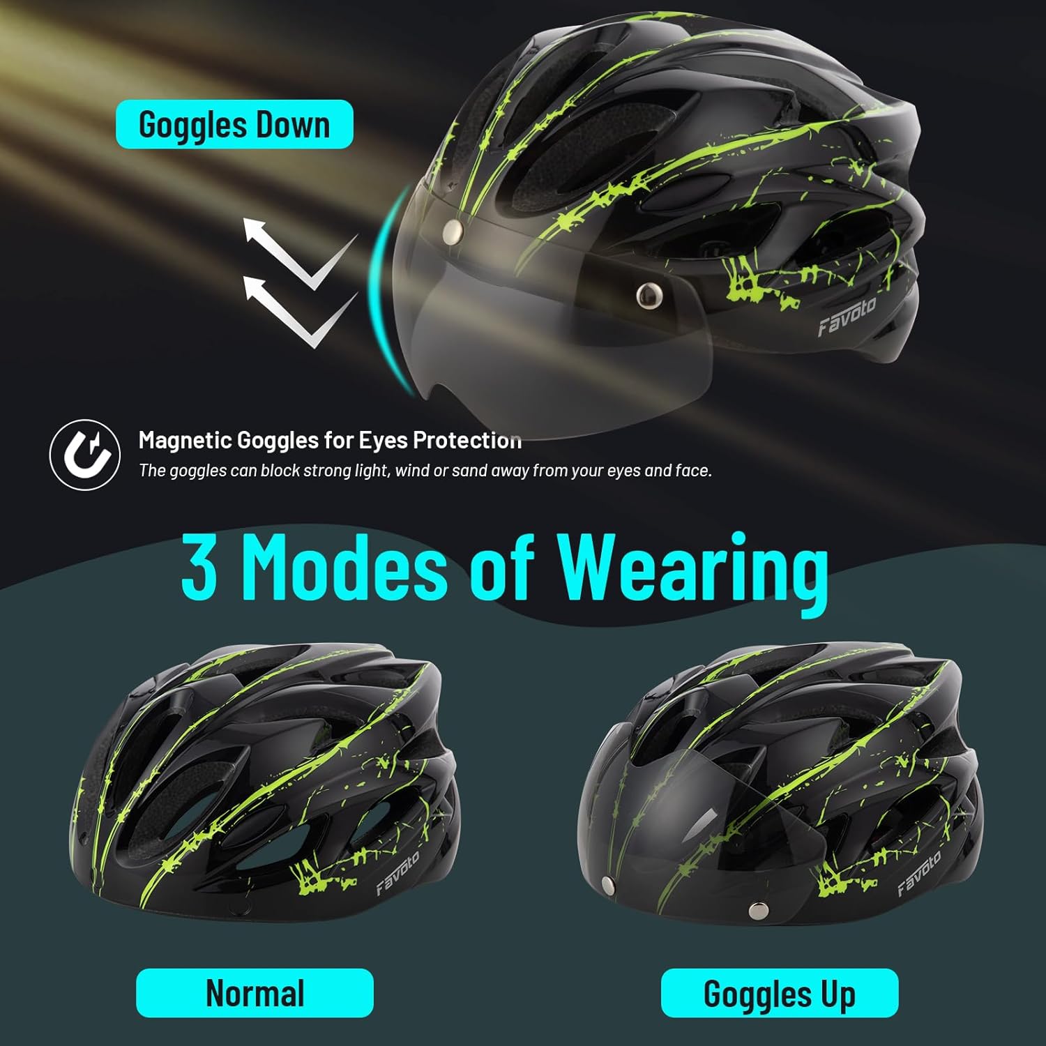Favoto Bike Helmet with Light for Men & Women, Lightweight Bicycle Helmet with Magnetic Goggle, Rear LED Light, Removable Lining, Adjustable Size 59-61 cm, EPS In-Mould Technology