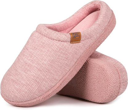FamilyFairy Women’s Slippers Cosy Memory-Foam Striped Knit Non-Slip Indoor Outdoor Ladies House Shoes