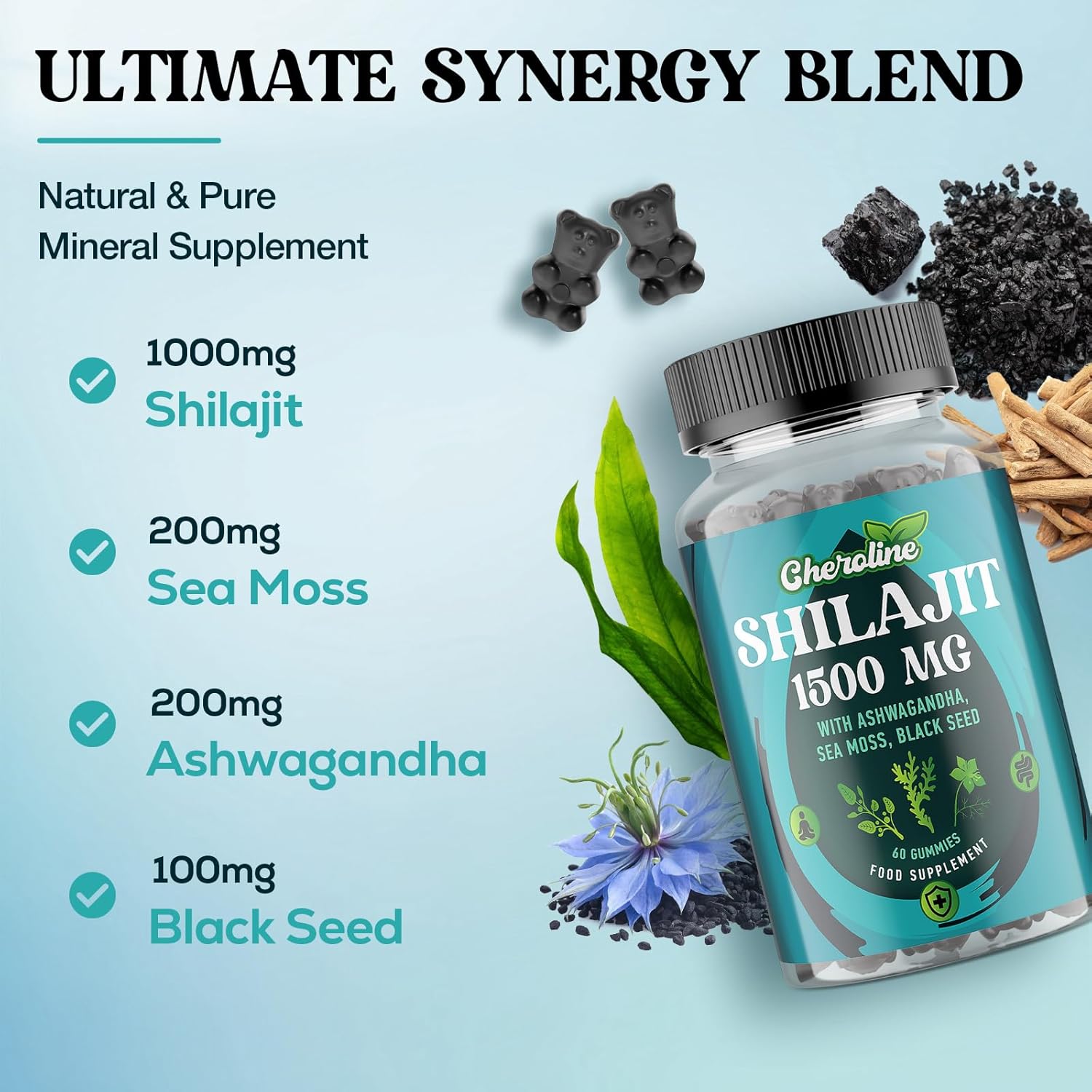 Shilajit Sea Moss and Ashwagandha Gummies 1500mg Per Serving, Enriched with 60% Fulvic Acid & 85+ Trace Minerals, High Strength Complex for Energy, More Convenient Than Resin (60 Count (Pack of 1))